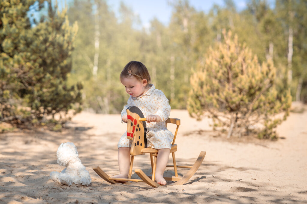 Šeimos fotosesija fotografas šeima kudikis vaikas papludimys miskas kopos piknikas medinis arkliukas